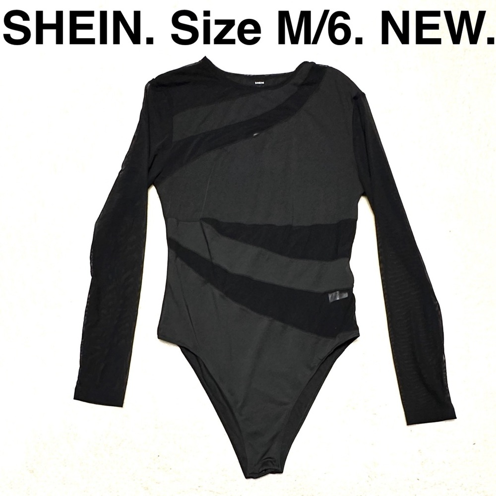 5/$15💥 SHEIN Black Long-Sleeve Mesh Sheer Paneled Bodysuit Stretchy Top